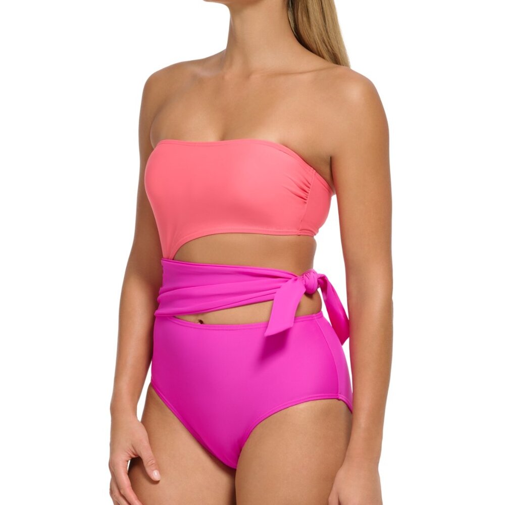 NWT DKNY Women's Cut-Out Bandeau One-Piece Swimsuit Pink Size 12 $120 LLL406